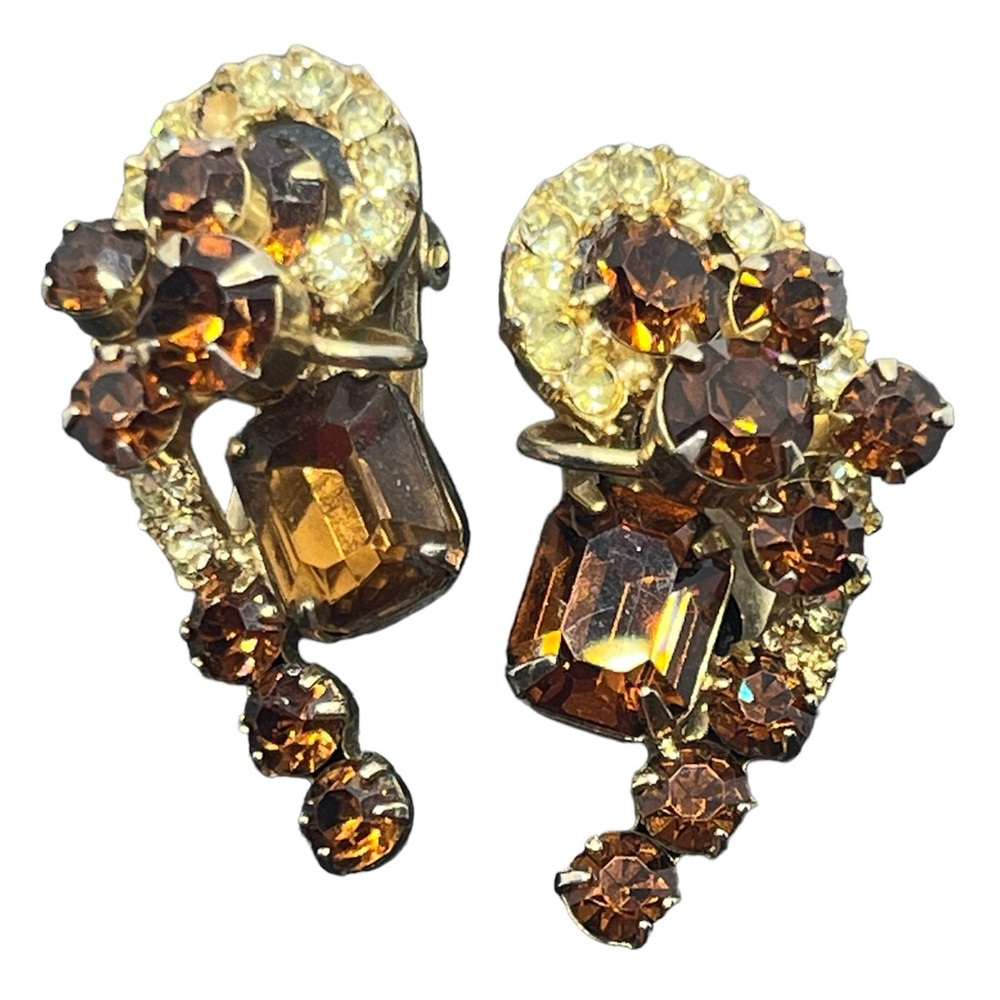 Juliana D&E gold brown rhinestone clip on earrings vintage